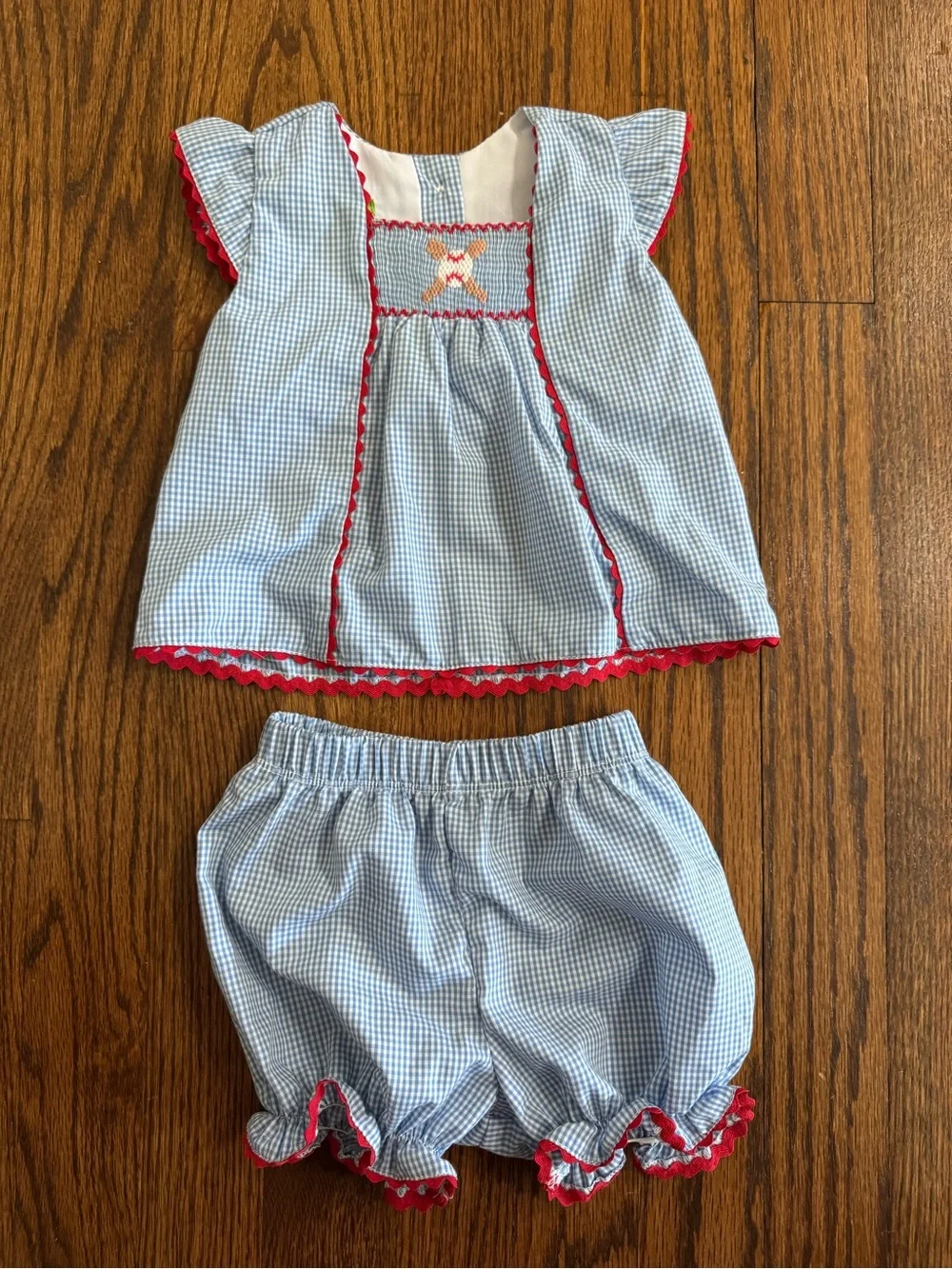 Blue Gingham Baby Girl Two-Piece Outfit with Red Trim and smocked Baseball
